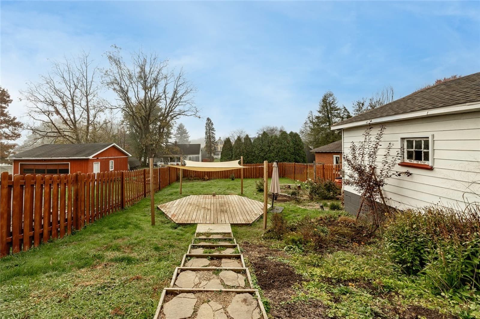 Fenced backyard with a wooden deck, lawn, and mature trees