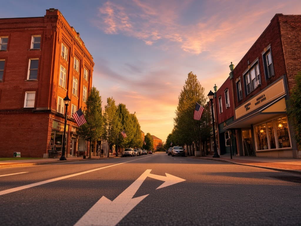 Downtown Grove City, Pennsylvania at sunset
